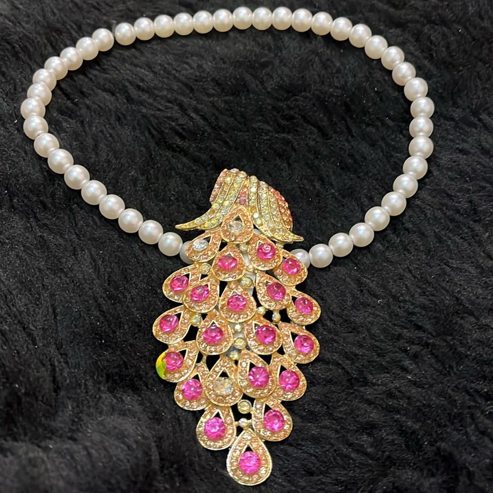 Pink Stones, Rhinestones, & Faux Pearls Stretchy Chocker Necklace